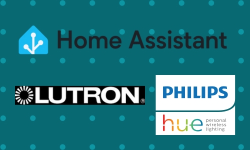 Image of Home Assistant, Lutron, and Philips Hue logos against teal background
