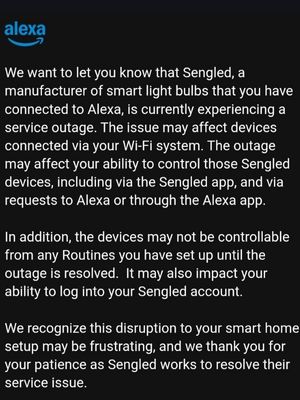 Announcement from Amazon Alexa about Sengled's service outage