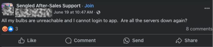 Frustrated Facebook user in Sengled support group