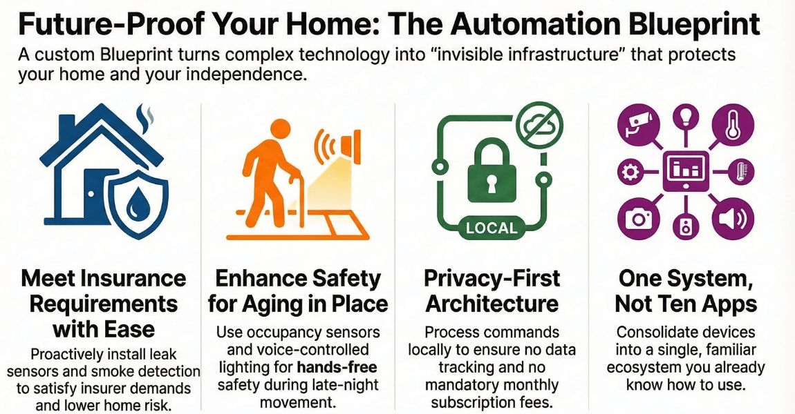 Infographic titled showing four benefits of a custom Serenity smart home plan for older homeowners: a house with a water drop and shield icon for meeting California insurance requirements with leak sensors and smoke detection; an orange figure with a cane walking toward motion-activated lighting for hands-free aging-in-place safety; a green padlock labeled LOCAL with a no-cloud symbol for privacy-first local processing with no subscriptions; and a purple smart home hub connected to icons for cameras, lighting, temperature, audio, and sensors representing one unified system instead of ten separate apps.