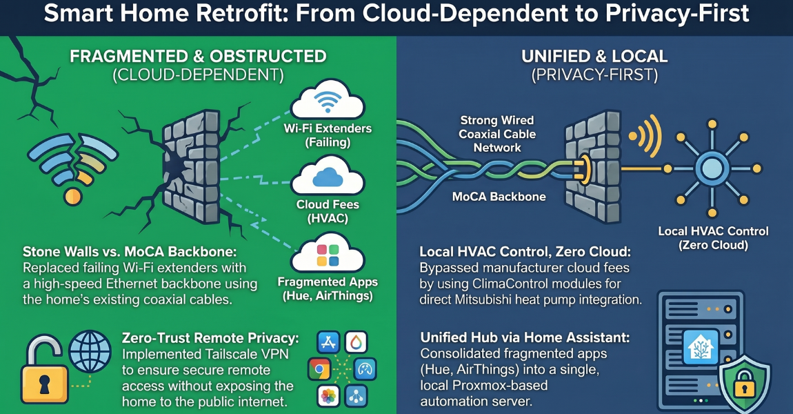 Infographic showing before and after smart home consulting plan for an older upstate New York home with stone walls, covering UniFi networking, Mitsubishi HVAC automation, and Home Assistant integration
