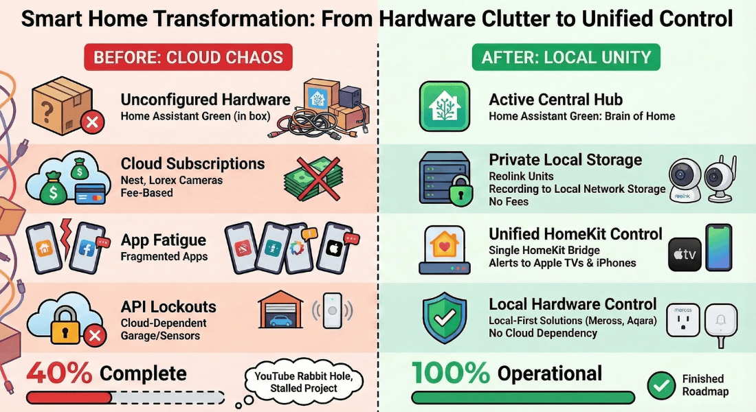 Infographic detailing the before and after working with a busy dad to get his Home Assistant Green set up and integrated