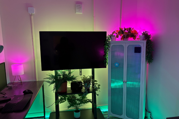 TV on TV stand with white mobile metal cabinet with teal gingham wrapping paper behind translucent doors, Loxone NFC Touch Air keypad on door, plants cascading from the top