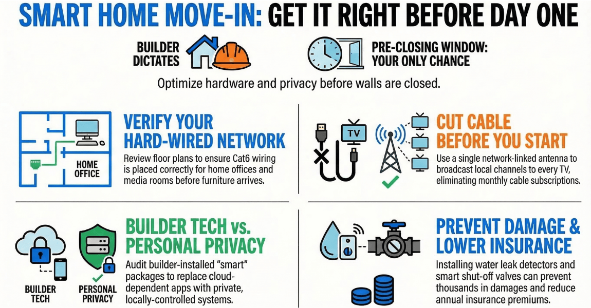 Infographic titled 'Smart Home Move-In: Get It Right Before Day One' showing Serenity Smart Homes' four key consulting priorities for new construction homeowners: verifying Cat6 hard-wired network placement for home offices before furniture arrives; cutting cable with a single network-linked OTA antenna broadcasting local channels to every TV; auditing builder-installed smart home packages for cloud dependency and replacing with locally-controlled systems; and installing water leak detectors with smart shut-off valves to prevent damage and reduce homeowner's insurance premiums