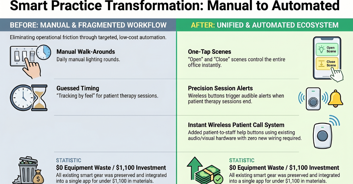 Infographic showing before and after smart office automation for a South Jersey chiropractic practice, highlighting lighting automation, spa room timers, and patient call buttons