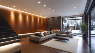 Modern living room with smart lighting creating warm ambiance